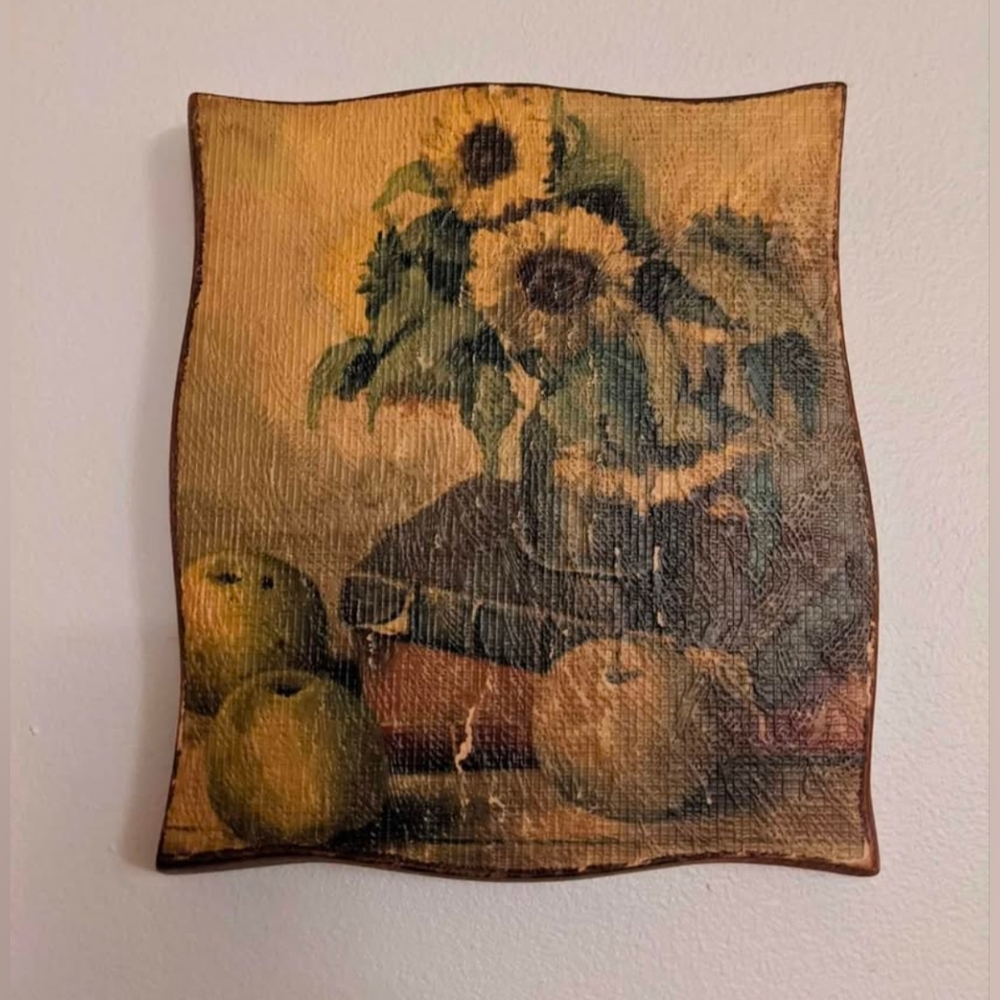 Vintage Sunflowers, Apples Still Life Print. Canvas on Wood 8"H x 7"W